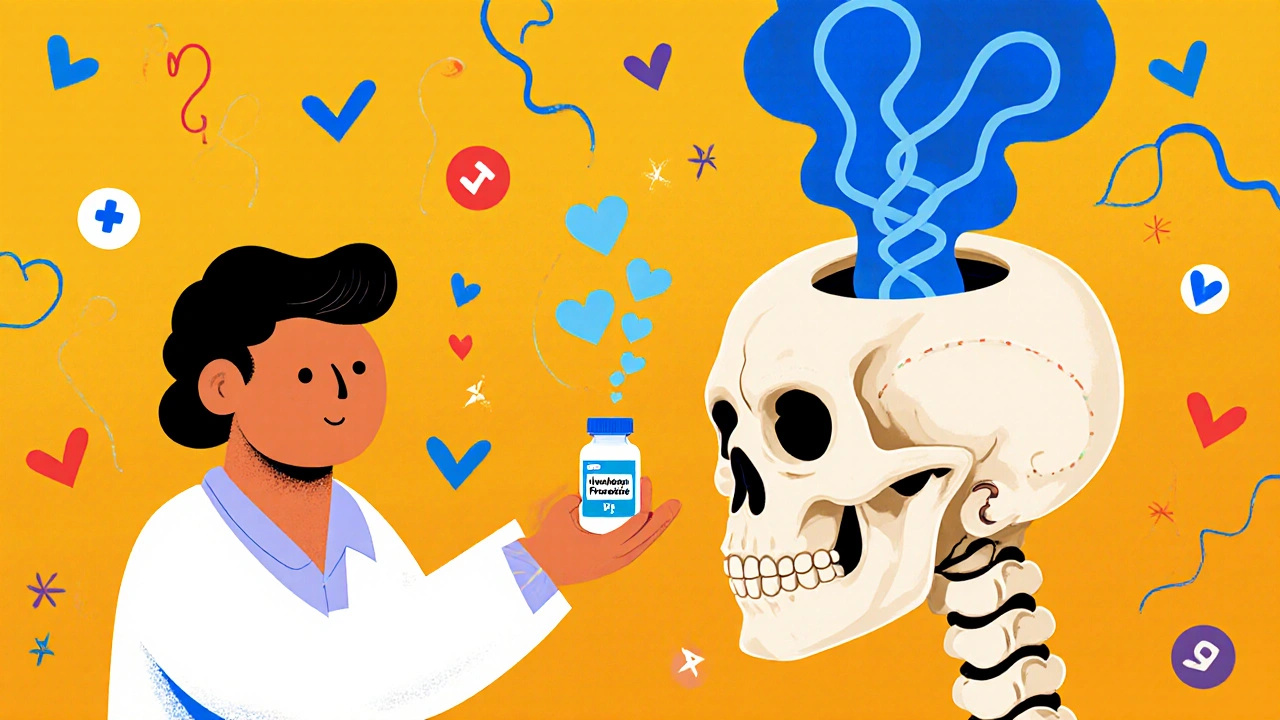 A doctor gives prednisone to a patient as a skeletal nerve releases healing smoke, restoring facial symmetry in colorful animation.