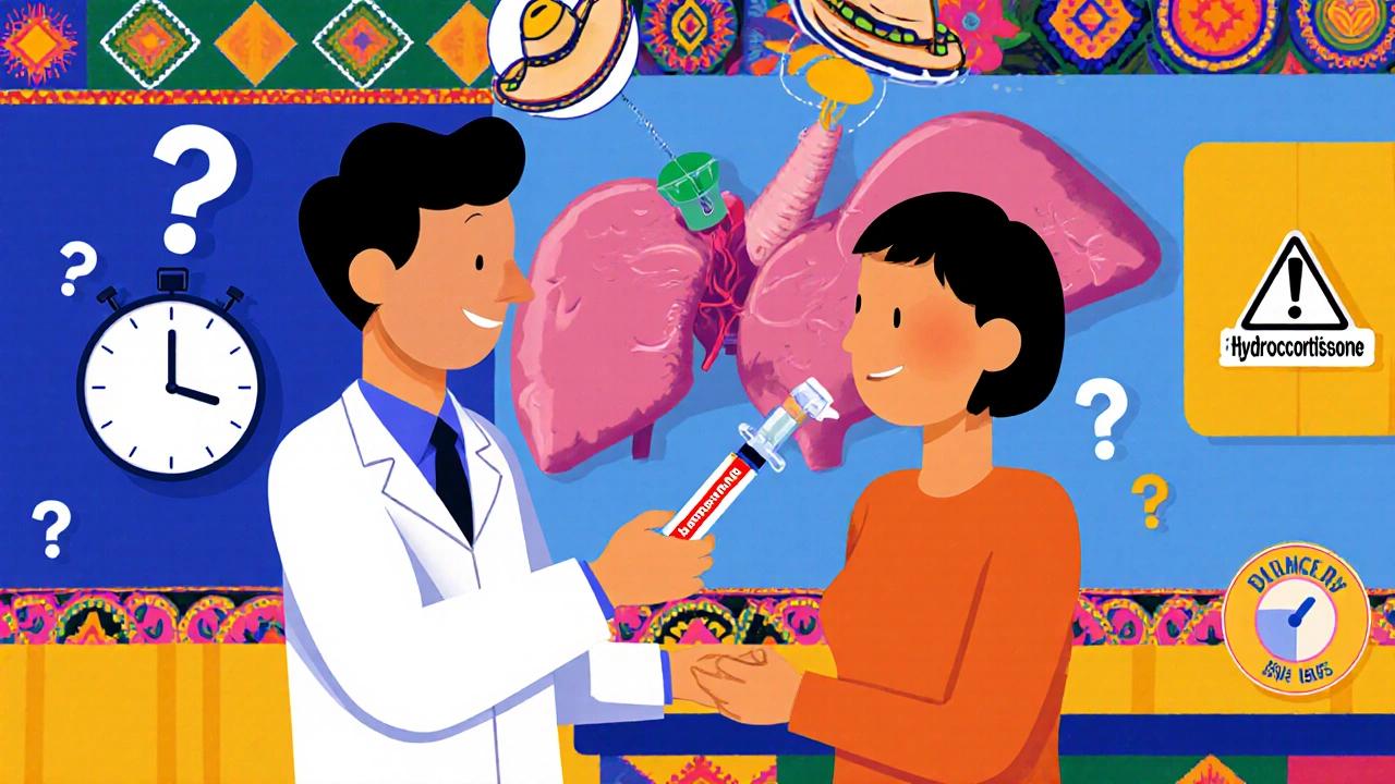 A doctor giving an emergency injection while a shrinking adrenal gland looms in the background.