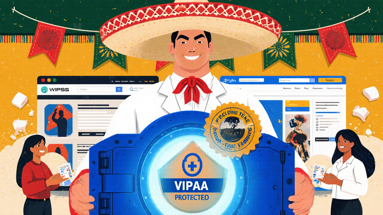 A heroic pharmacist holding a VIPPS seal, protecting customers from crumbling fake websites in vibrant folk-art style.
