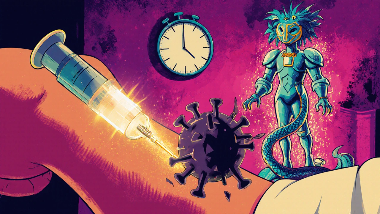 A long-acting HIV injection with a creeping mutant virus below, and a futuristic drug hero above in alebrije-inspired style.