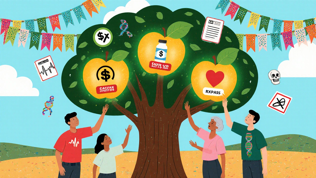 A magical tree with four fruit branches representing medication apps, people picking fruits under floating medical icons.