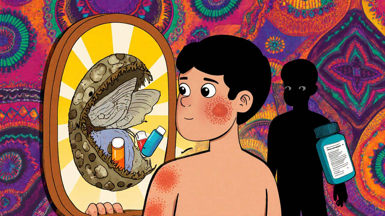 A patient&#039;s peeling skin transforms into a butterfly as sunlight shines on new, healed skin.