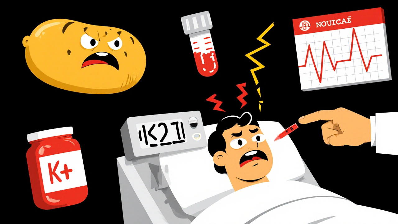 A patient in an ER with a dangerous potassium reading, surrounded by angry food icons and a spiked EKG monitor.
