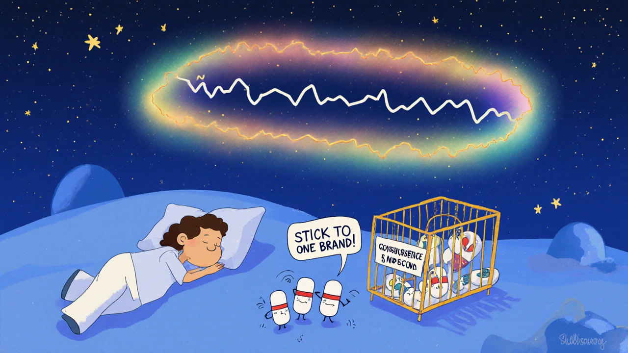 A patient sleeping with a steady drug level aurora above them, while different generic pills argue below.