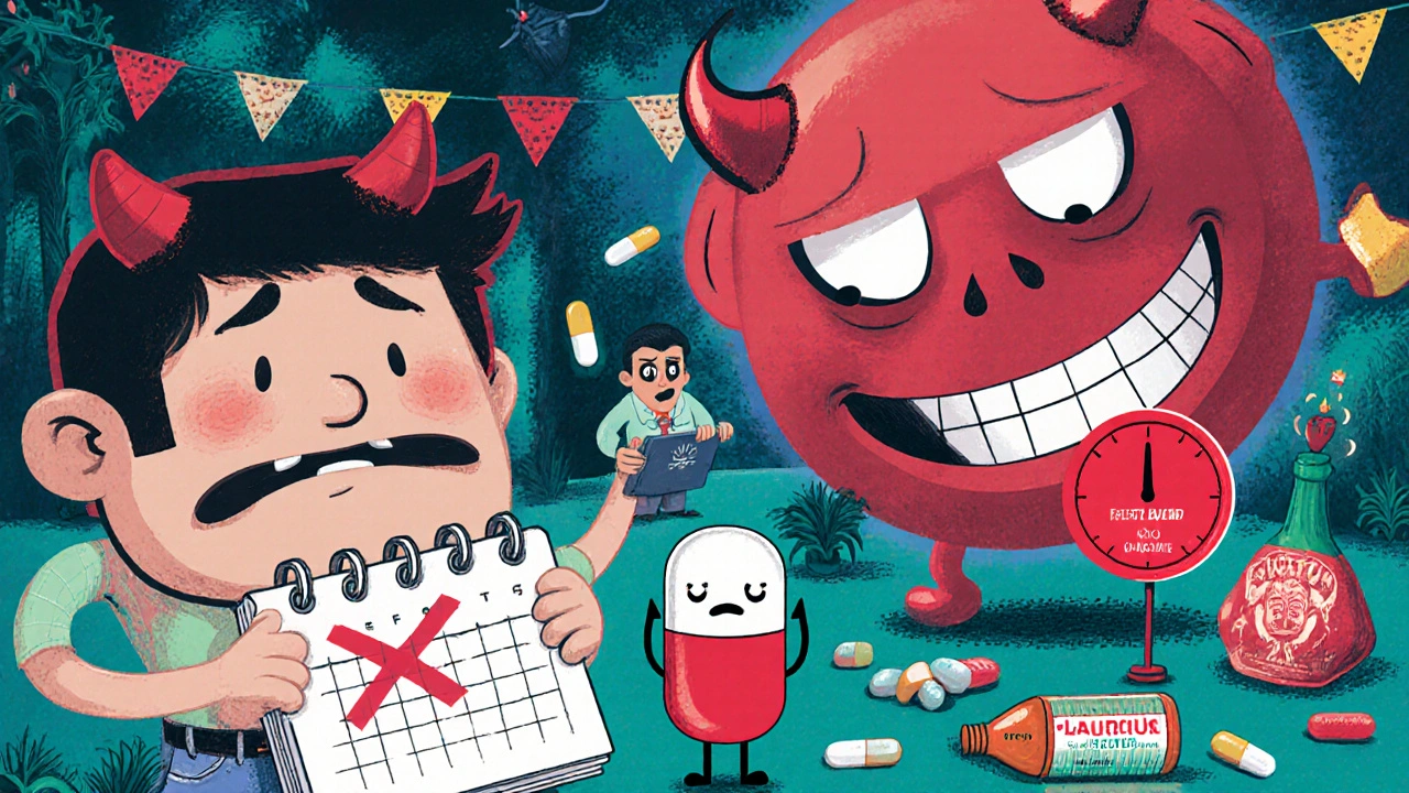 A patient with pills and a rising resistance meter, surrounded by dangerous drug interactions in a rural clinic setting.