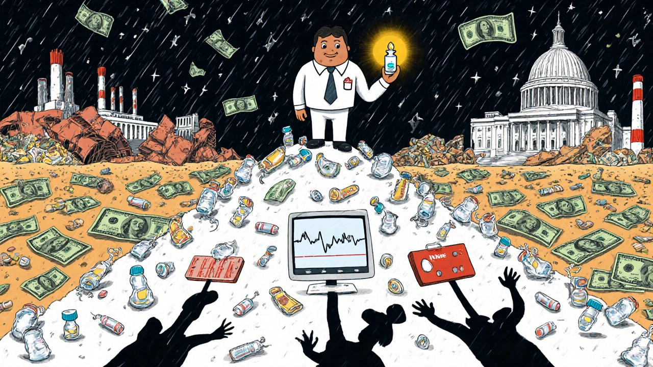 A pharmacy director holds the last vial as factories crumble and lawmakers sleep nearby.