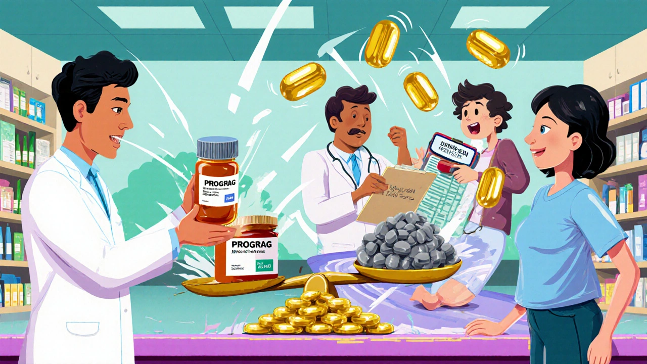 A pharmacy scene with a pharmacist handing out generics while a scale tips between brand and generic pills.