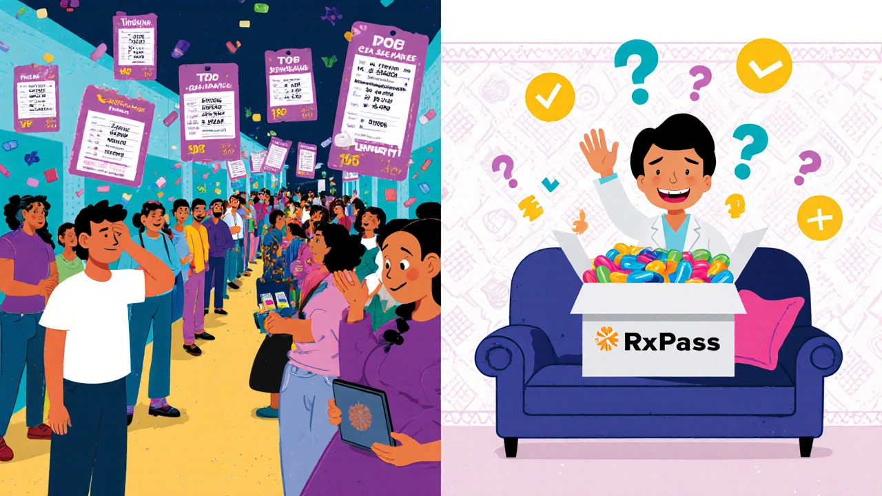 A split scene: chaotic pharmacy line vs. relaxed person receiving meds at home with a smiling tablet doctor.