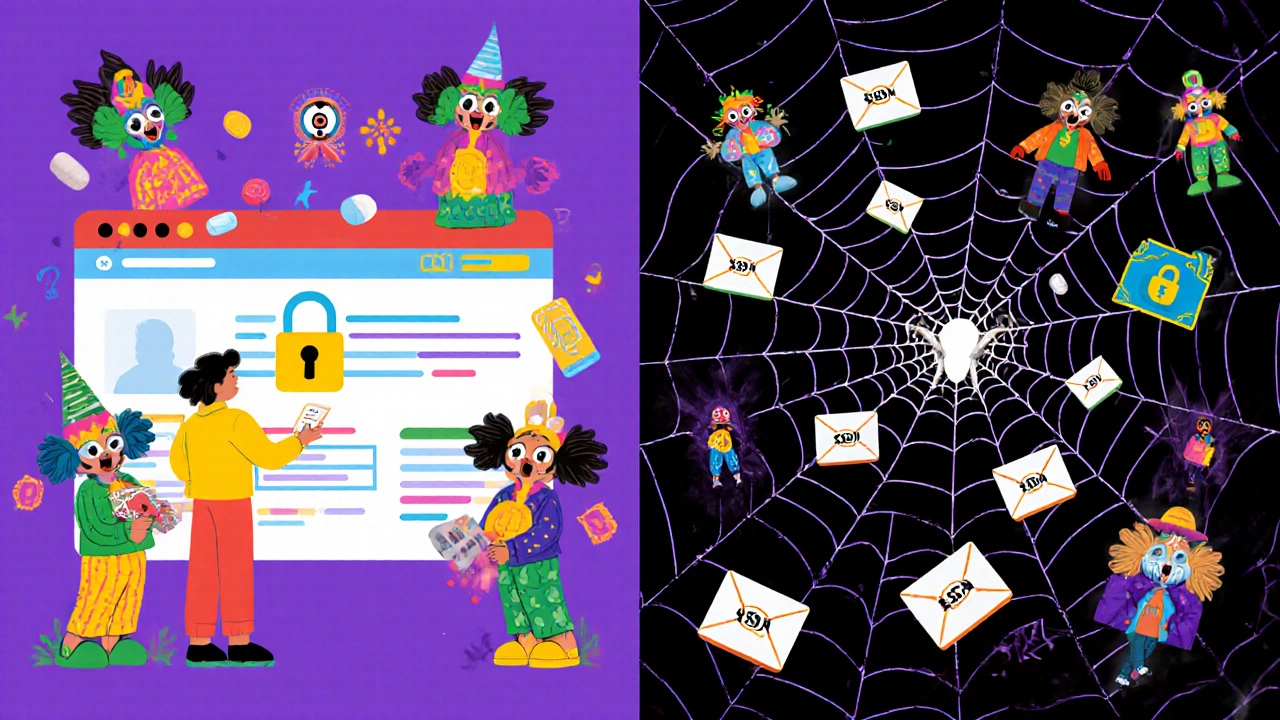 A split scene: safe pharmacy order with protective creatures vs. chaotic data theft with fentanyl pills and phishing webs.