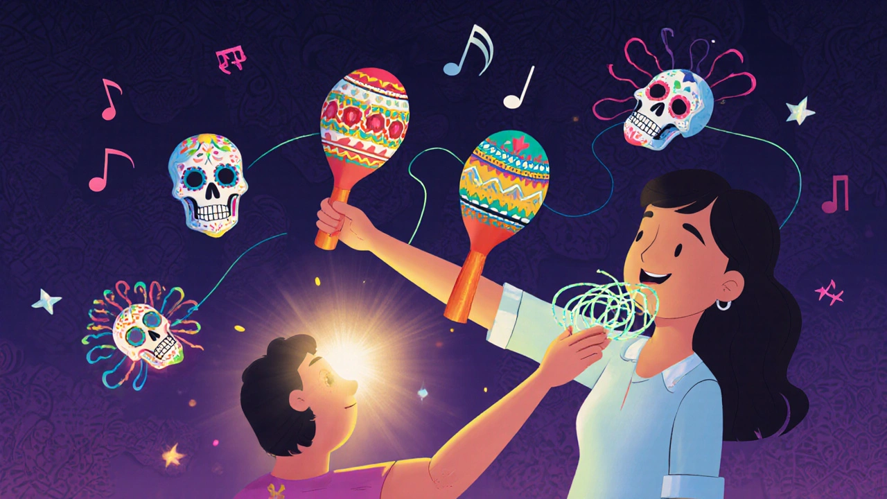 A therapist uses a glowing maraca to guide rhythmic healing, with musical waves untangling muscle tension in a patient&#039;s arm.