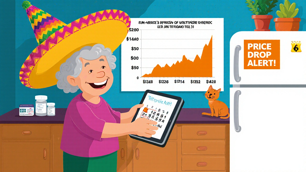 An elderly woman receives her medication from a festive delivery person, with a price chart showing dramatic savings and a cat setting a price alert on a tablet.