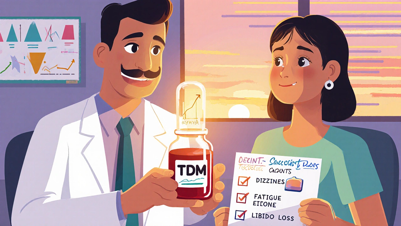 Doctor holding blood vial with drug level graph while patient reviews side effects.