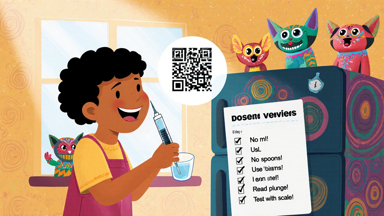 Family practicing medicine dosing with water using a syringe, guided by a floating QR code video.