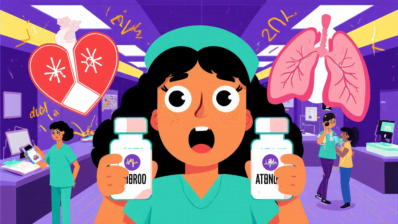 Nurse in an emergency room holding two similar vials, with sound waves showing how their names sound alike.