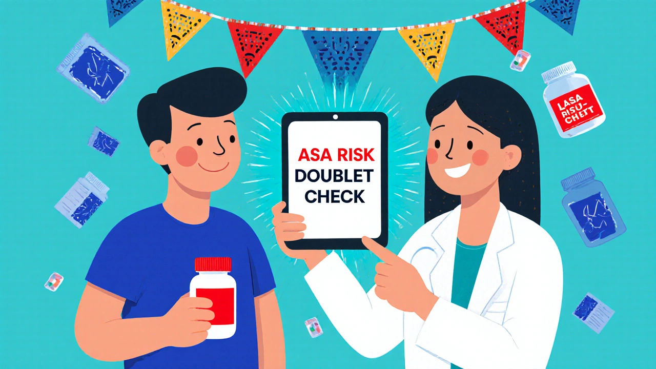 Patient holding a red-labeled pill bottle while a doctor shows an AI alert warning about similar drug names.