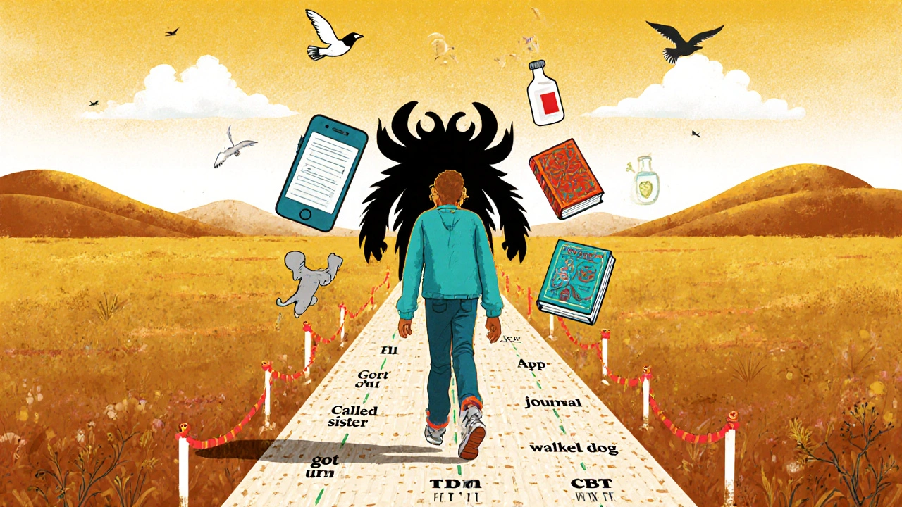 Person walking toward hopeful milestones as depression fades with treatment tools nearby.