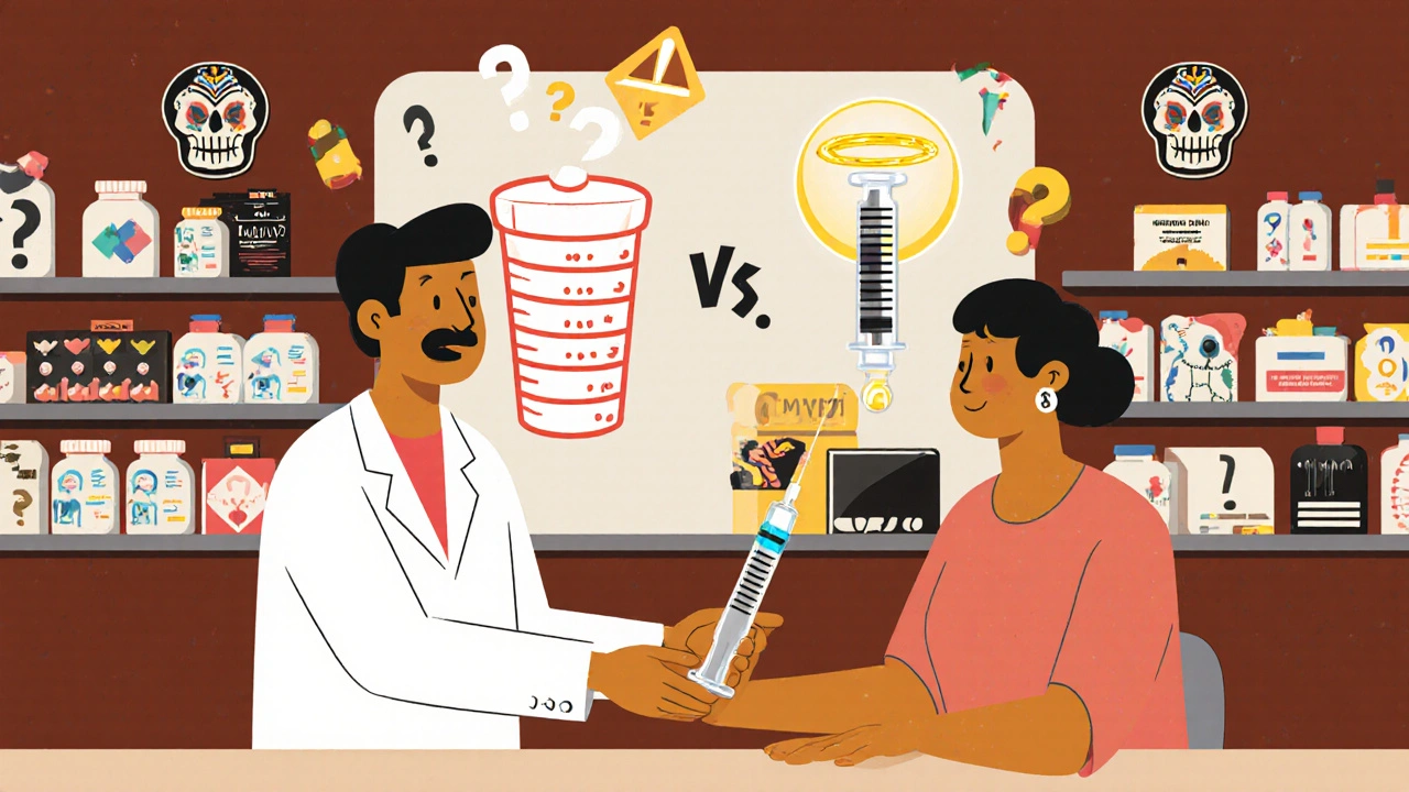 Pharmacist giving an oral syringe instead of a confusing dosing cup, with visual comparison graphic.