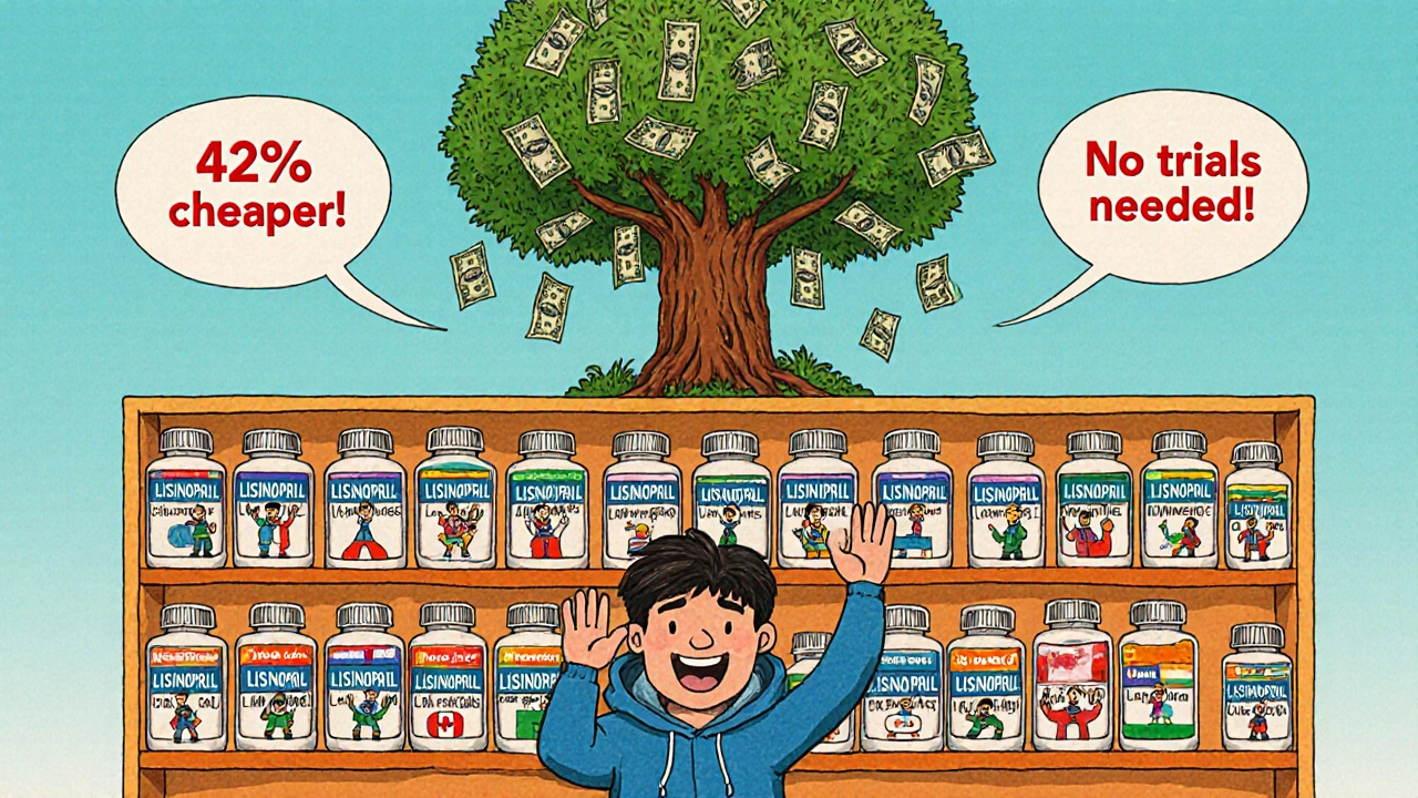 Pharmacy shelf with tiny workers from different countries inside pill bottles, customer grabbing cheapest option.