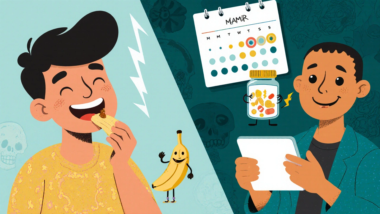 Split scene: one side shows danger from bananas, the other shows safe management with Veltassa pills and monthly blood tests.