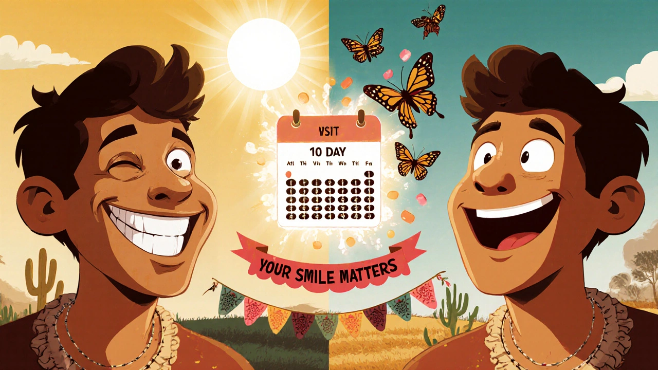 Split scene showing recovery from Bell’s palsy with a pill calendar turning into butterflies, under Mexican folk-inspired banners.
