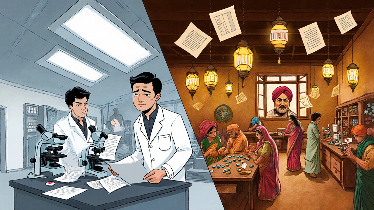 Split scene: U.S. lab with stressed scientists vs sunny foreign factory with efficient workers testing pills.