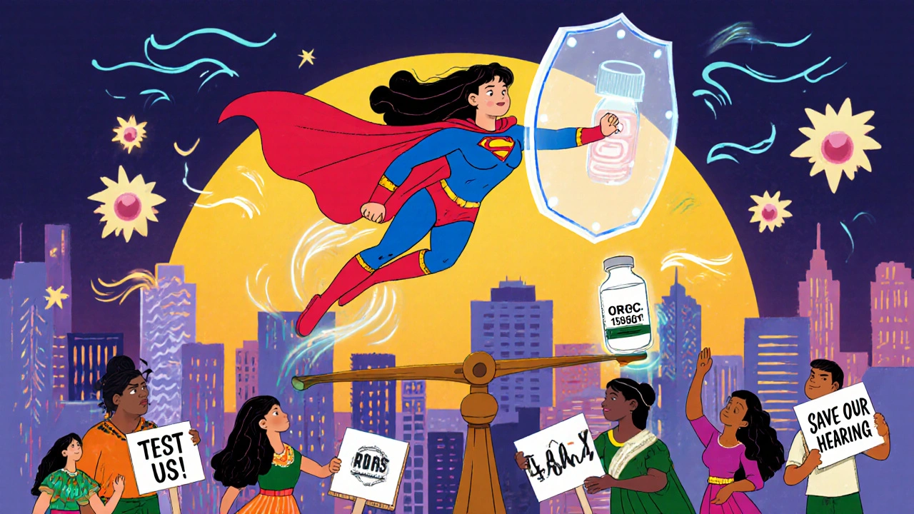 Superheroine made of mitochondria shielding patients from antibiotic bombs, with signs demanding hearing tests and a rising sun.