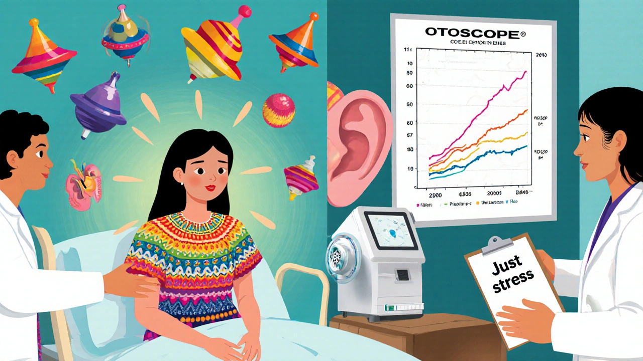 Young woman in traditional dress with floating broken balance organs, doctors ignoring her dizziness in a hospital setting.