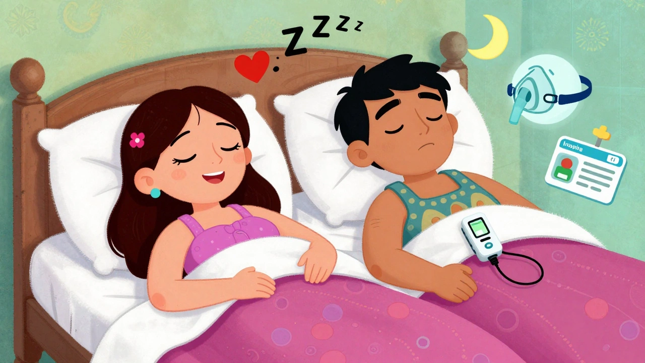 A couple sleeps soundly as a tiny device prevents snoring, with symbols of success floating nearby.