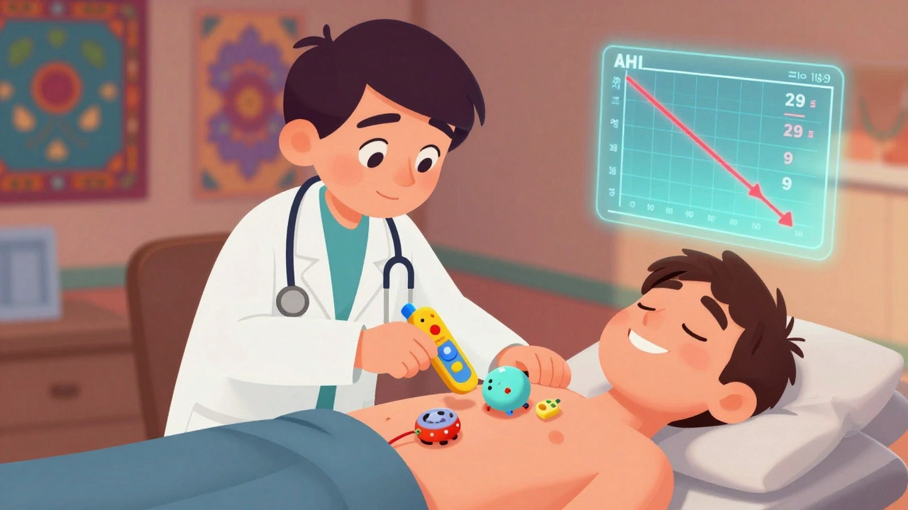 A doctor uses a remote to activate a cartoonish sleep apnea implant under the patient&#039;s skin.