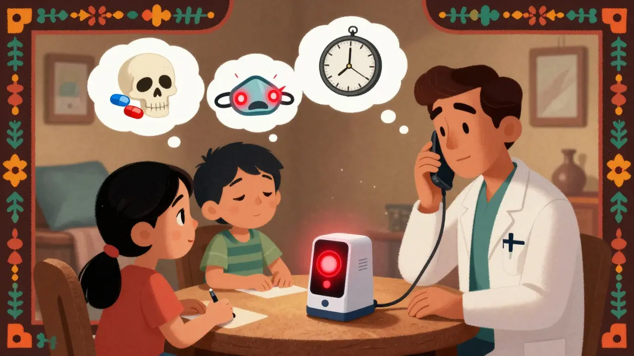 A family gathers around a glowing medication dispenser with an alert, while a parent calls the doctor.