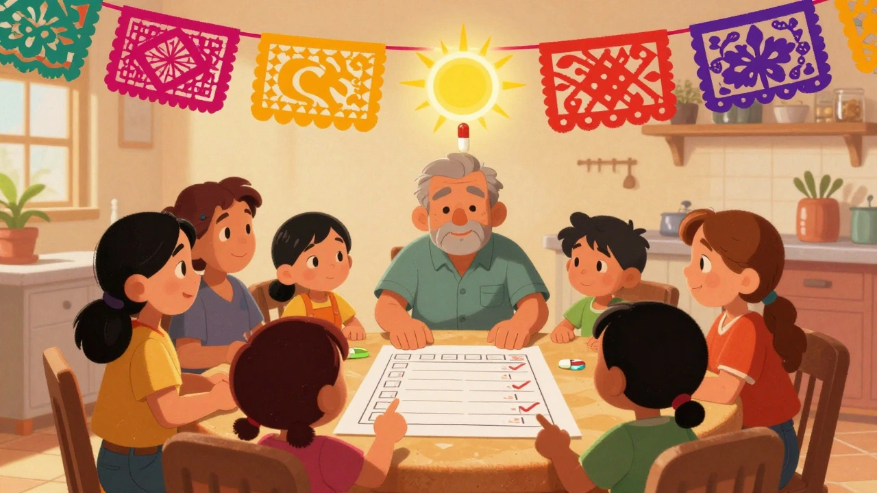 A family gathers around a medication chart on a colorful banner, watching one pill dissolve into sunlight.