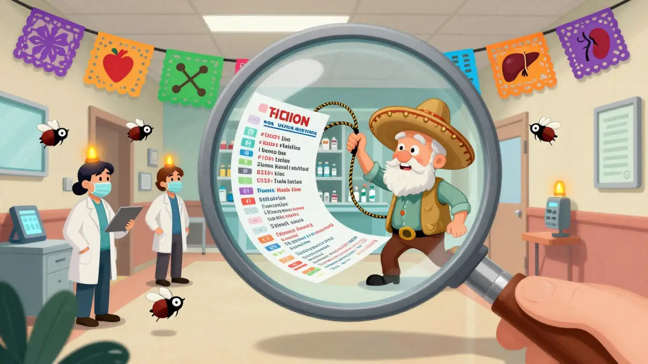 A giant magnifying glass revealing chaotic drug alerts, with a pharmacist using data to filter dangers.