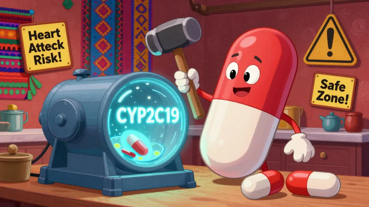 A giant omeprazole pill attacking a CYP2C19 enzyme machine while safer PPIs work peacefully nearby.