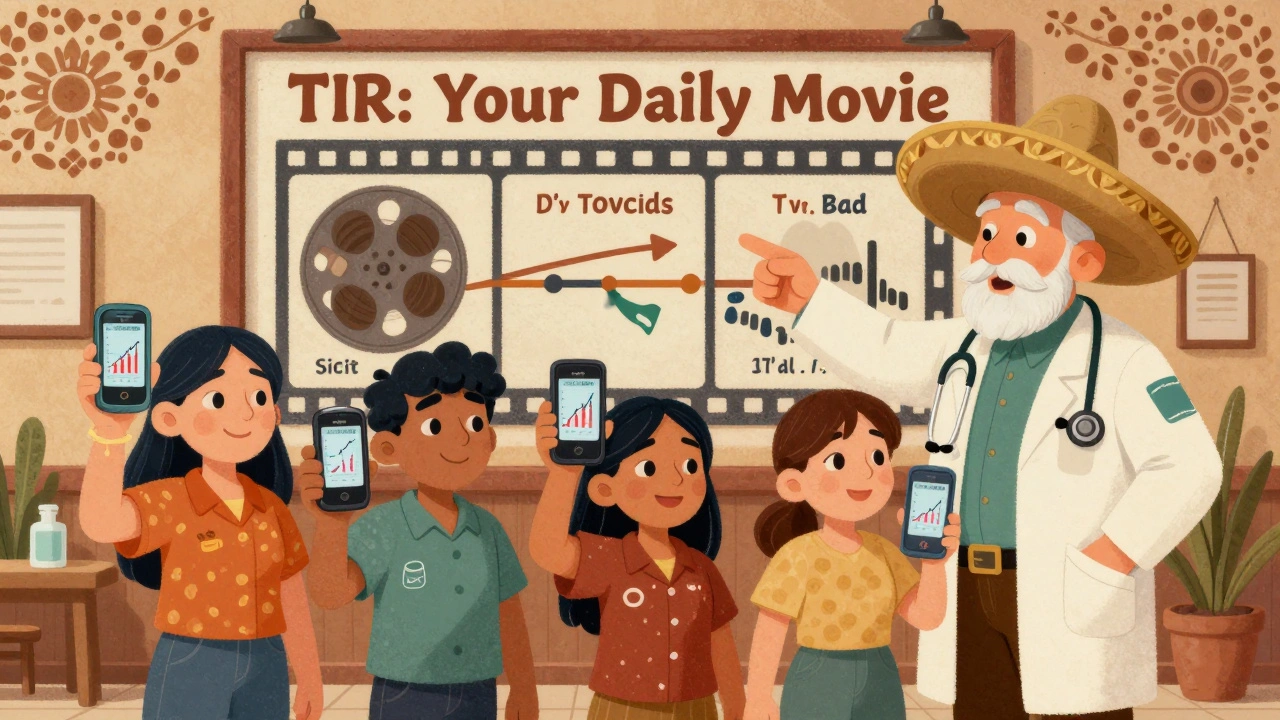 A group of people in a clinic reviewing CGM data, guided by a friendly doctor, with a mural showing blood sugar as a movie reel.