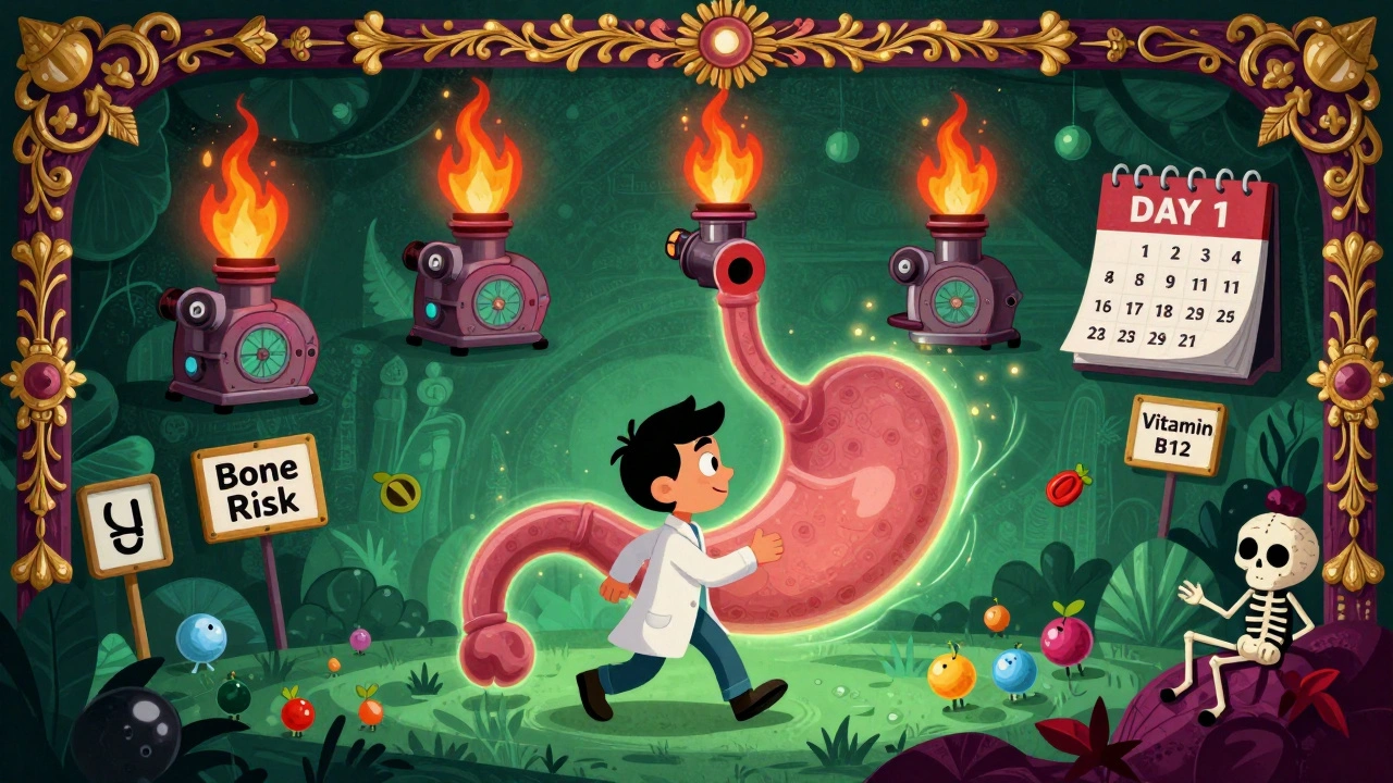 A hero shutting down proton pumps in a stomach landscape over 14 days with warning signs.