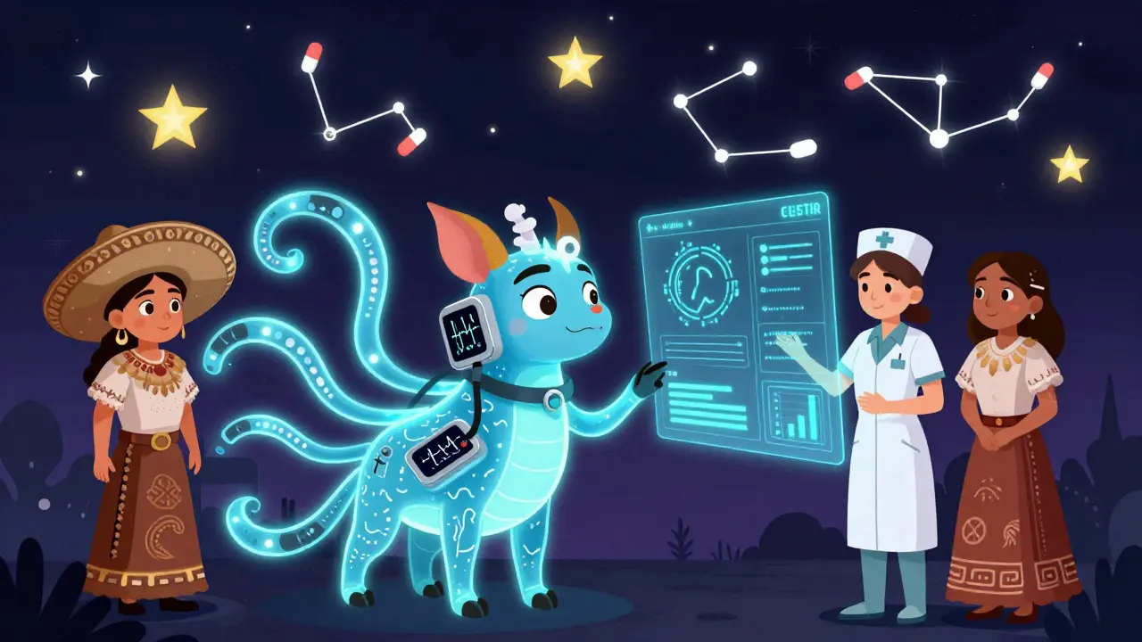 A mythical alebrije creature monitoring patient health data through wearable tech in a futuristic hospital.