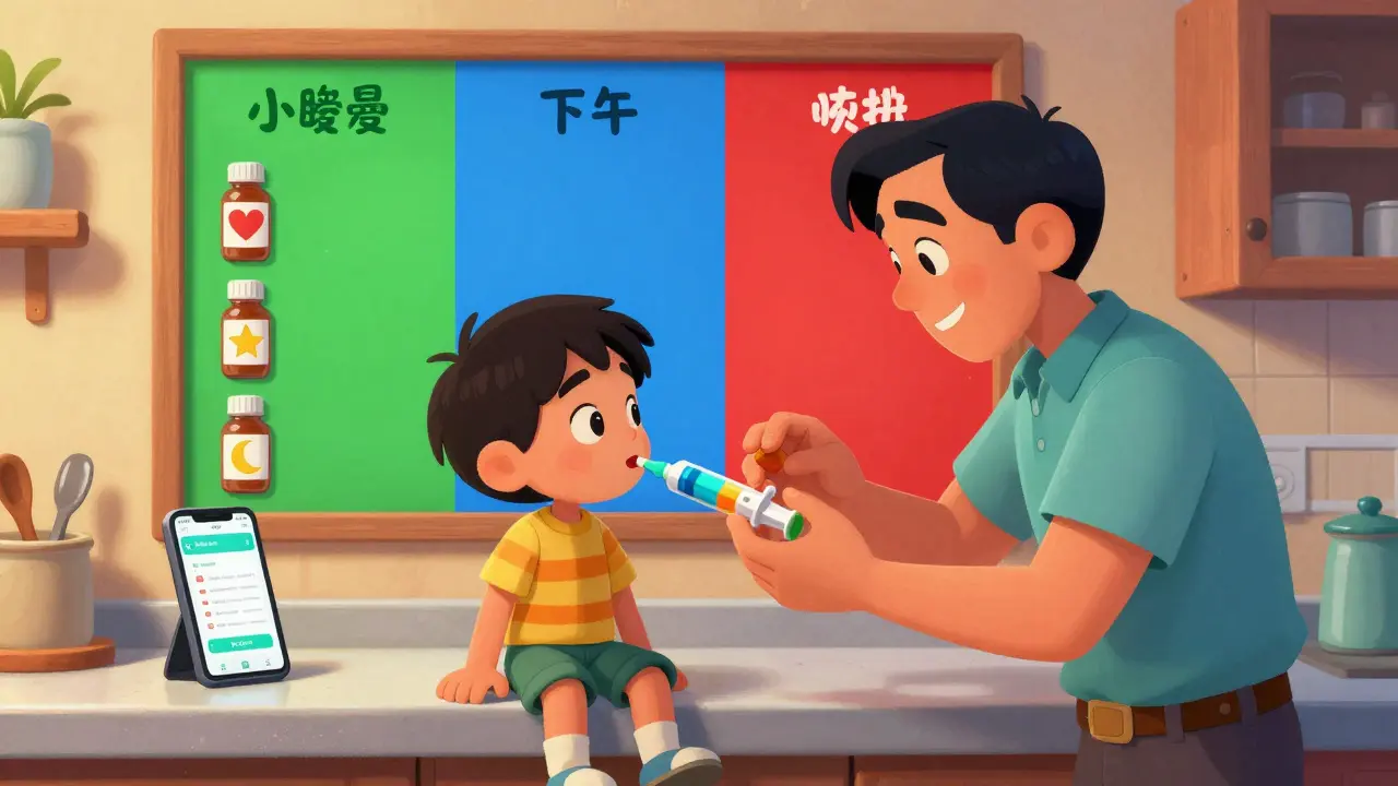 A parent uses a colorful syringe to give medicine to a child, with a vibrant color-coded schedule on the wall.