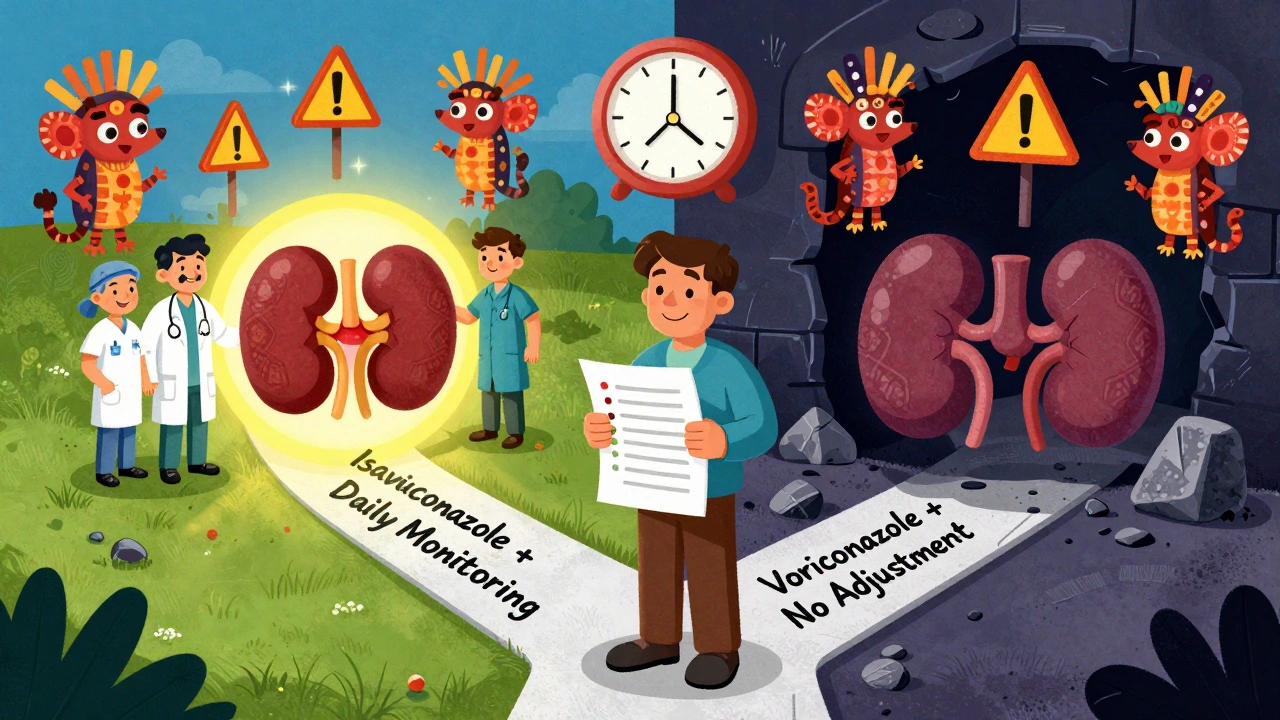 A patient at a crossroads choosing between safe and dangerous antifungal paths, with healthy and damaged kidneys on either side.