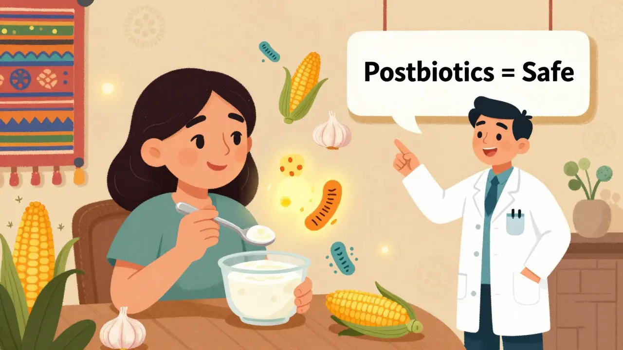 A patient eating plain yogurt with glowing prebiotic fibers and a doctor pointing to 'Postbiotics = Safe', in Mexican cartoon style.