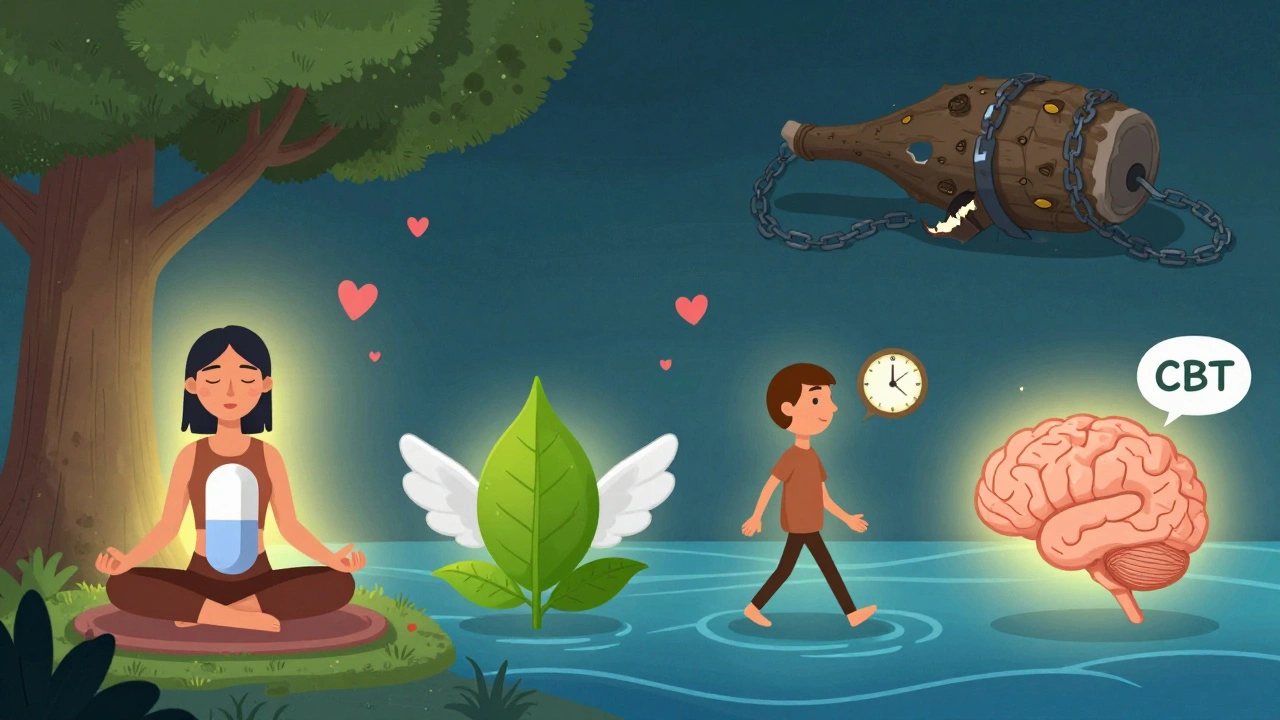 A peaceful scene with safe anxiety alternatives like magnesium, green tea, walking, and CBT, while a broken kava root fades away.