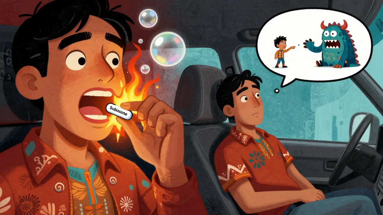 A person taking Suboxone with mouth sparks on one side, craving monster chasing them in a car on the other.