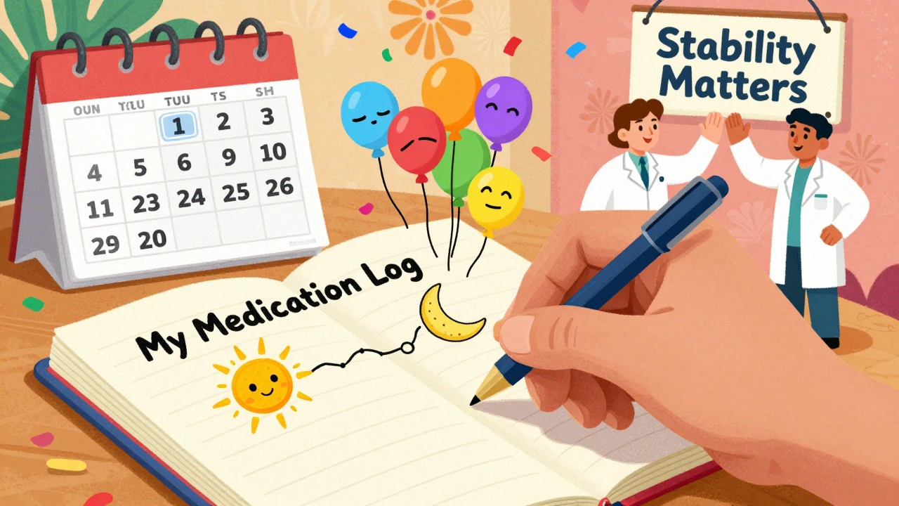 A person writing in a journal with floating mood and energy icons, celebrating generic medication stability.