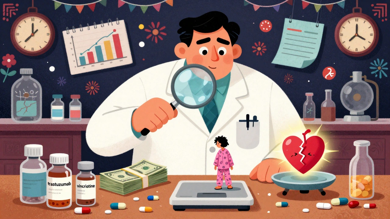 A pharmacist balancing money against a patient's health using giant pills and biologics in folk art style