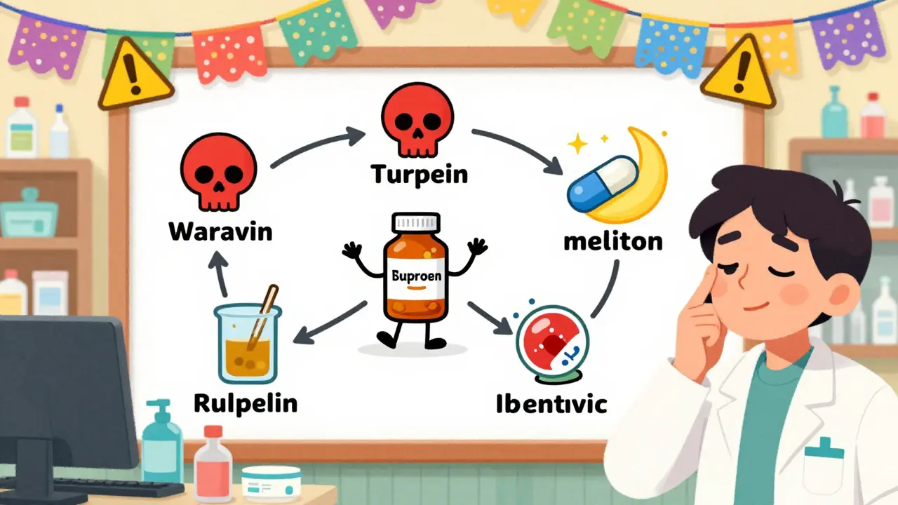 A pharmacist explains dangerous drug interactions using a playful animated chart with warning icons and floating pills.