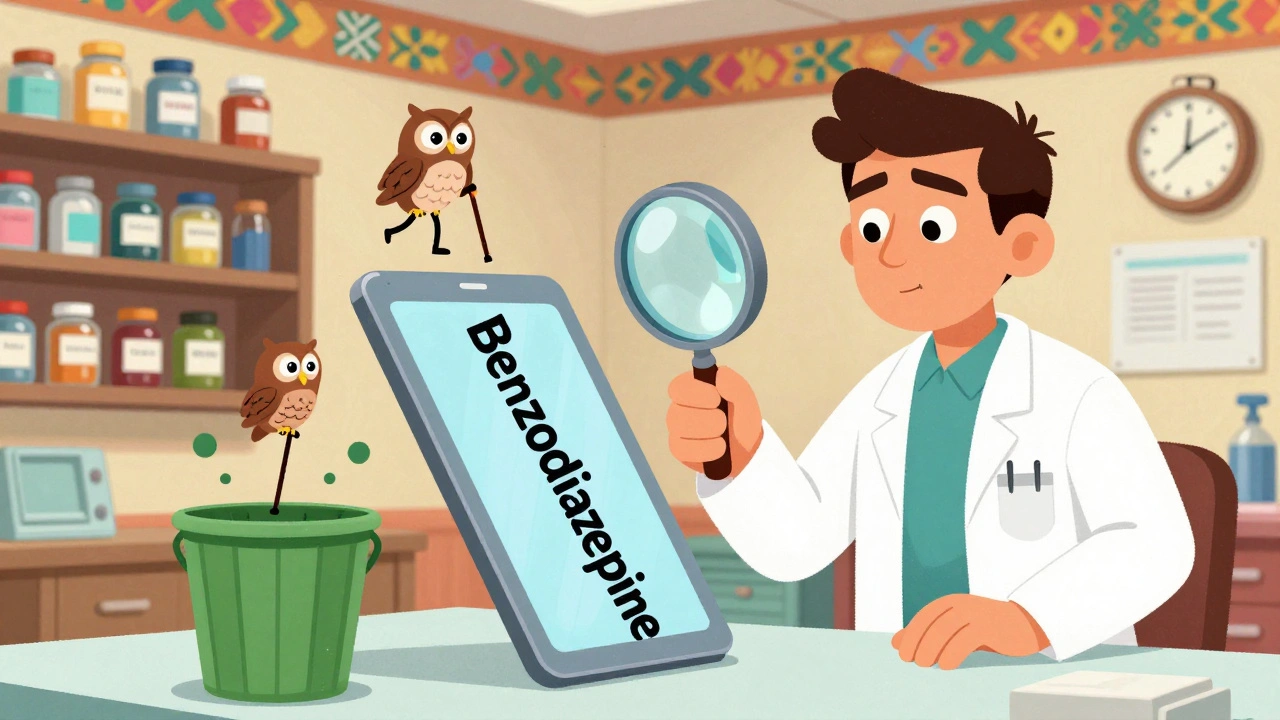 A pharmacist using a magnifying glass to remove harmful pills as cartoon side effects vanish into a bin.