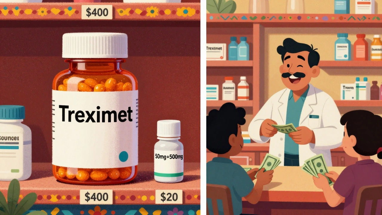 A pharmacy shelf comparing expensive brand-name and affordable generic migraine pills.