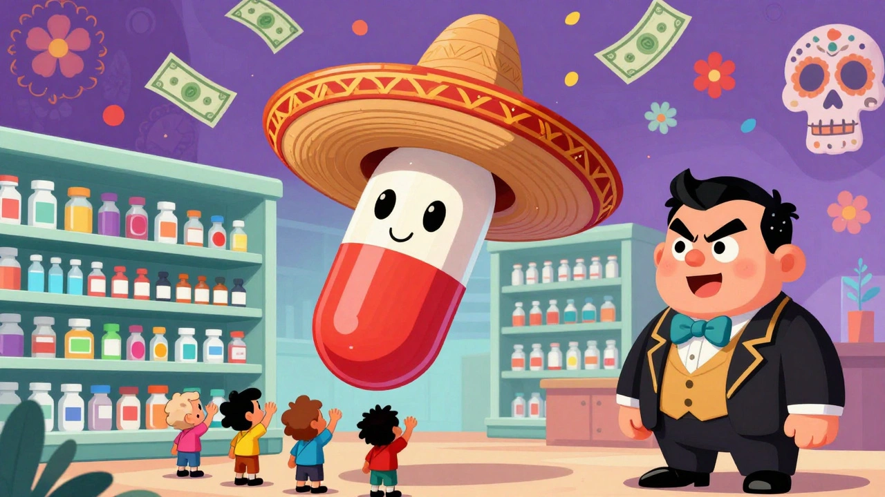 A sombrero-shaped biosimilar pill above a pharmacy shelf, with money turning into flowers.