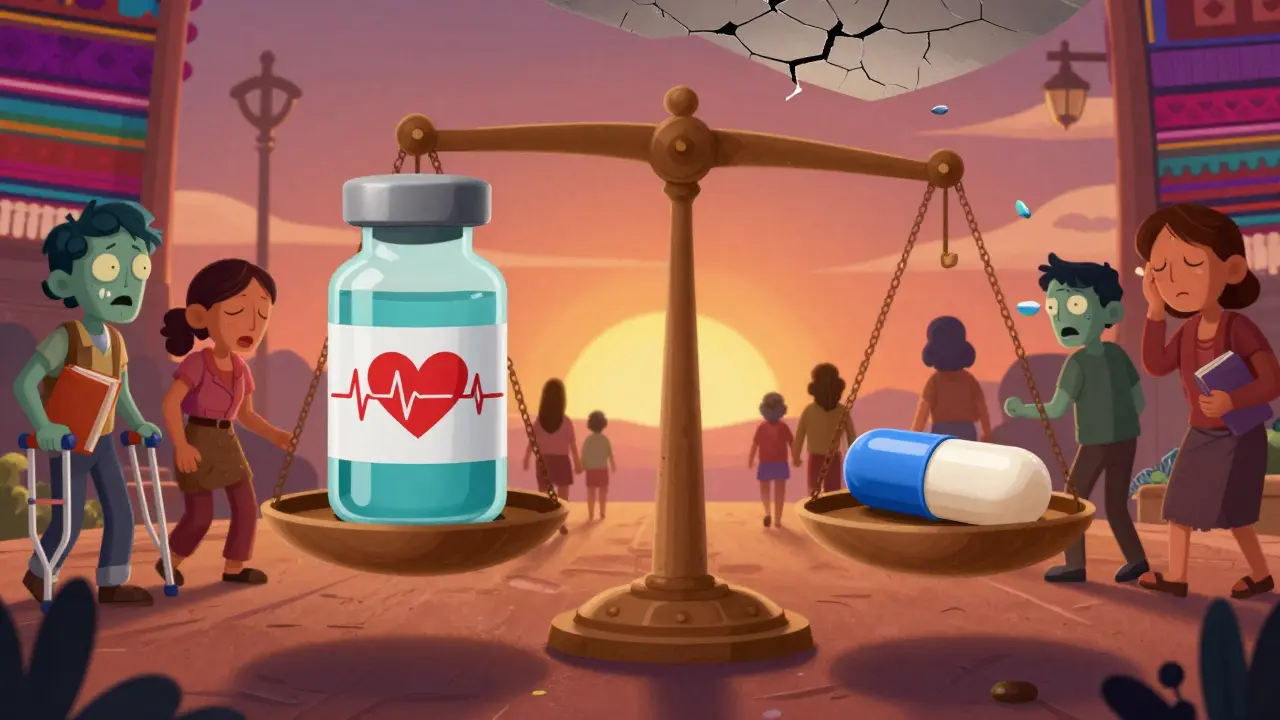 A symbolic scale balancing methadone and buprenorphine, with people walking toward sunrise under textile patterns.