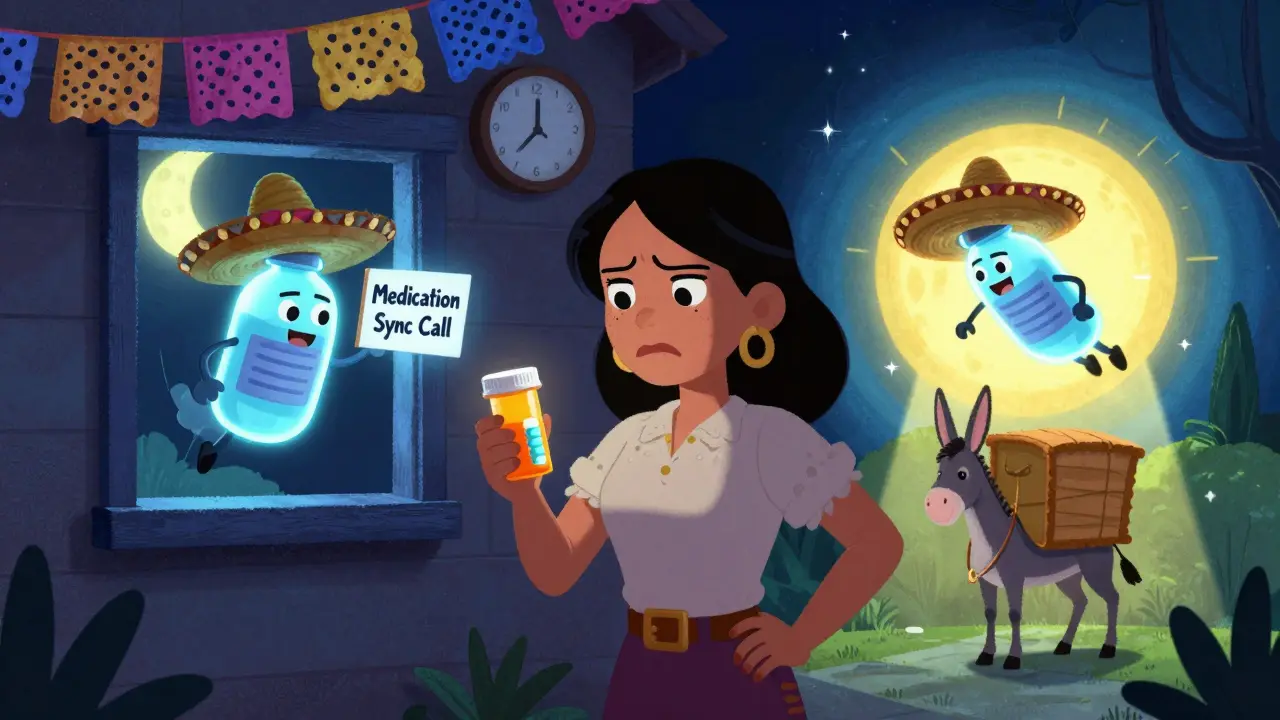 A woman at night with a flying insulin vial offering a sync call, under a pharmacy clock moon.