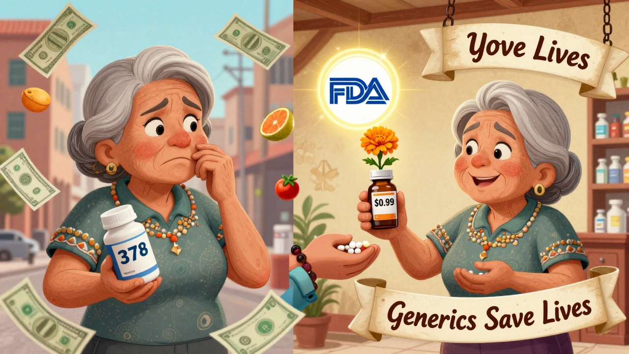 A woman comparing expensive brand pills to affordable generics, with a marigold growing from the generic bottle.